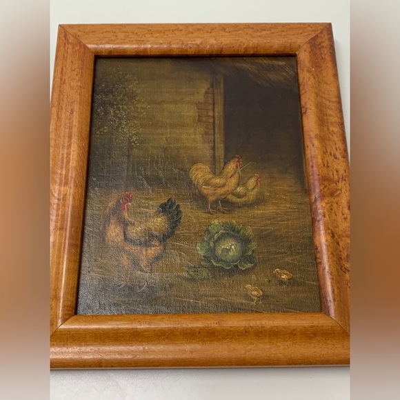 Vintage Birdseye Maple Framed Canvas Oil Painting Rooster Hen Chicks Farmhouse - Picture 9 of 16